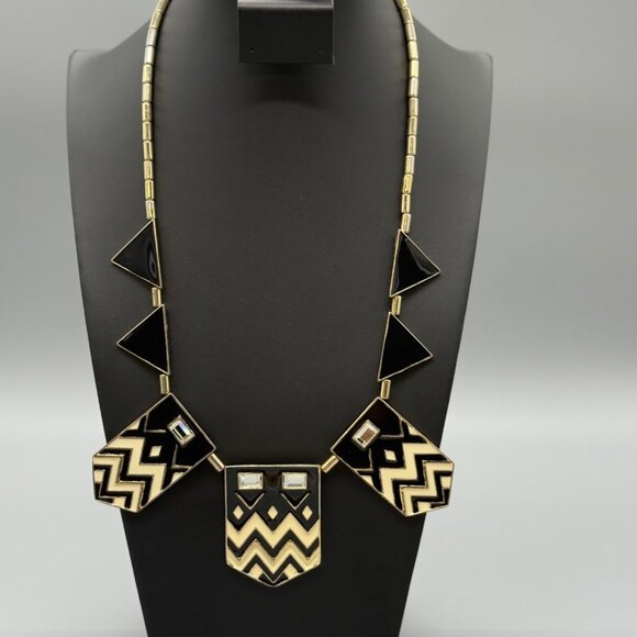 Vintage Gold Tone Chevron Enamel Black Cream Rhinestone Bib Necklace 18" READ - Picture 1 of 15